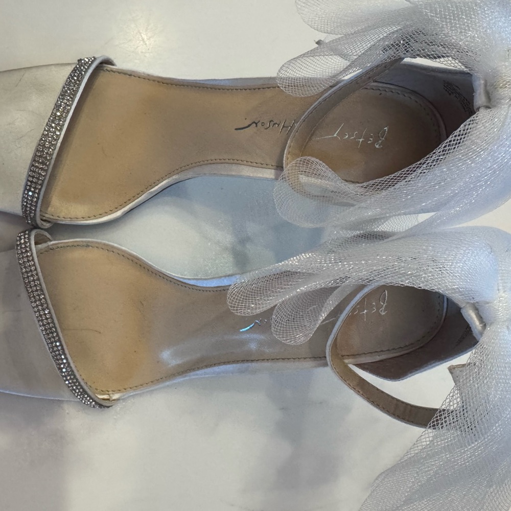 Betsey Johnson Tori White Satin Heels with Rhinestones